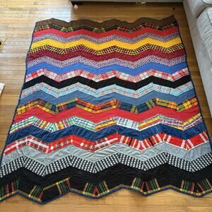 Vintage Handmade Patchwork Quilt 66" x 73" Herringbone Colorful